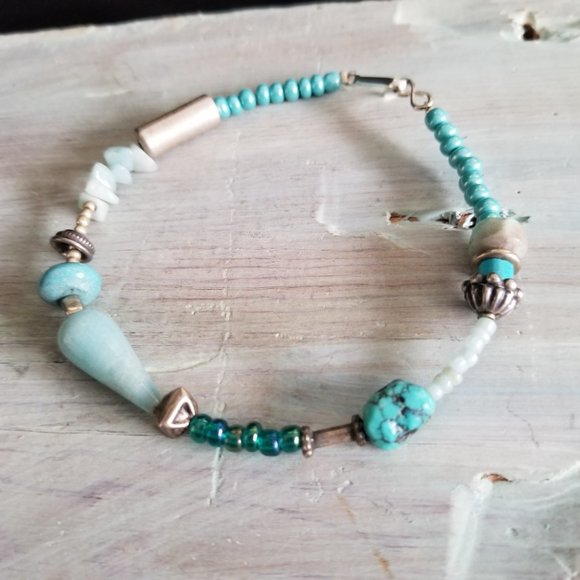 Handmade Turquoise Beaded Anklet Bracelet 8" - Picture 8 of 9